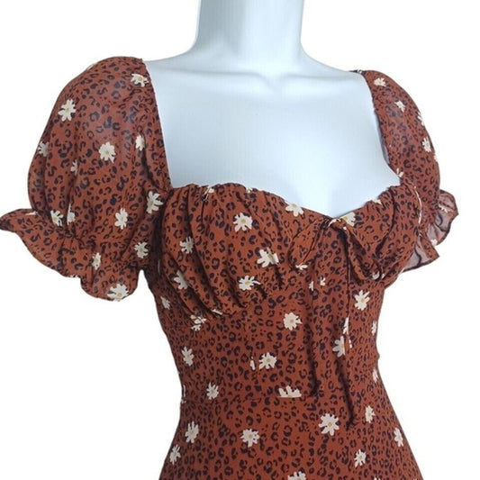 B. Smart Clothing, Shoes & Accessories:Women:Women's Clothing:Dresses B.SMART Brown/White Floral Print Ruffle Hem Puff Sleeve Mini Dress Size 11 - NWT