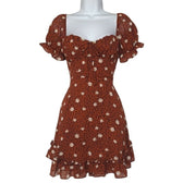 B. Smart Clothing, Shoes & Accessories:Women:Women's Clothing:Dresses B.SMART Brown/White Floral Print Ruffle Hem Puff Sleeve Mini Dress Size 11 - NWT