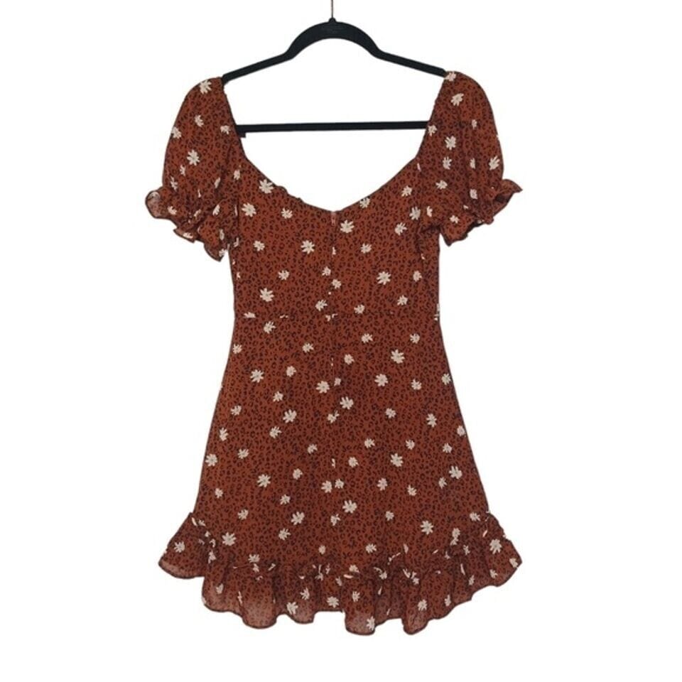 B. Smart Clothing, Shoes & Accessories:Women:Women's Clothing:Dresses B.SMART Brown/White Floral Print Ruffle Hem Puff Sleeve Mini Dress Size 11 - NWT