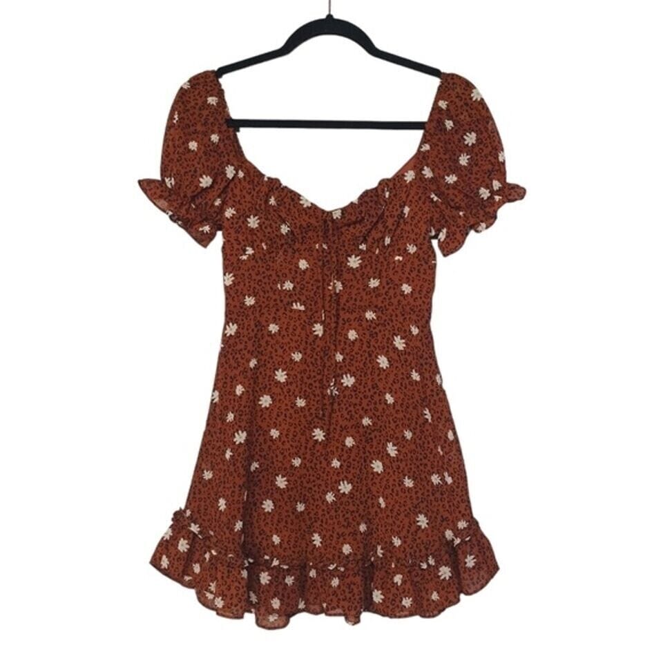 B. Smart Clothing, Shoes & Accessories:Women:Women's Clothing:Dresses B.SMART Brown/White Floral Print Ruffle Hem Puff Sleeve Mini Dress Size 11 - NWT