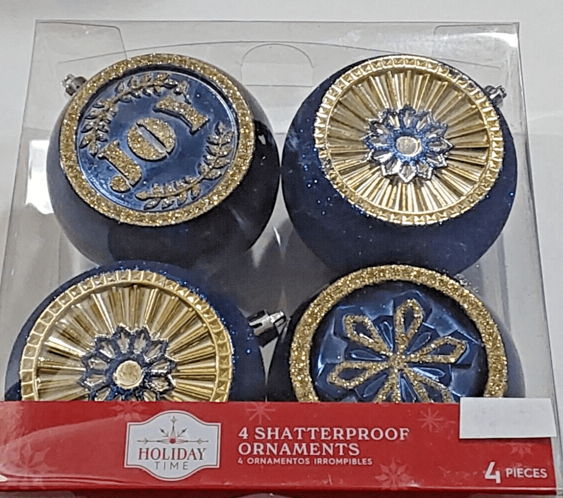 Holiday Time Collectibles:Holiday & Seasonal:Ornaments 2 Holiday Time Christmas Ornaments 4-PK Navy & Gold Round Shatterproof Ornaments