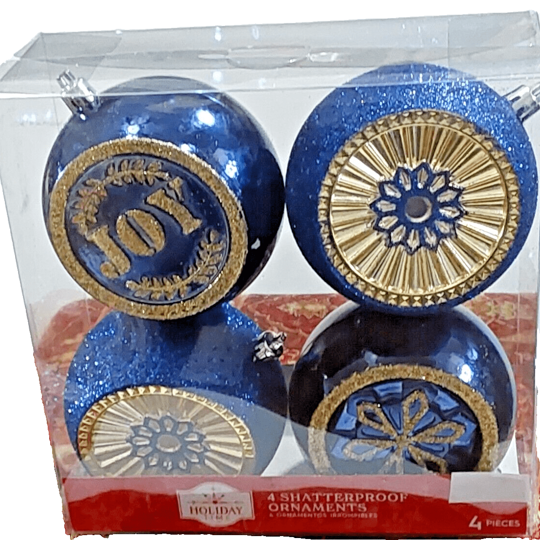 Holiday Time Collectibles:Holiday & Seasonal:Ornaments 2 Holiday Time Christmas Ornaments 4-PK Navy & Gold Round Shatterproof Ornaments