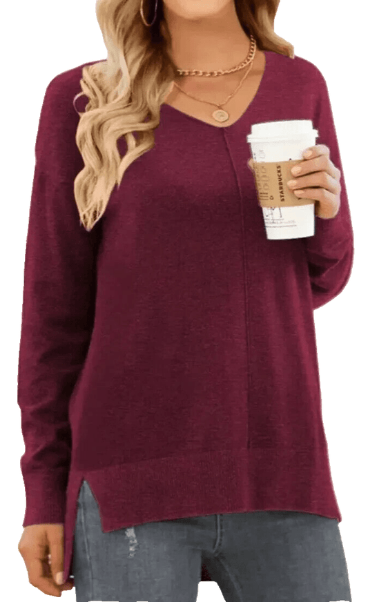 moshu Clothing, Shoes & Accessories:Women:Women's Clothing:Sweaters Moshu Women's Red V-Neck Lightweight Knit Pullover Sweater for Fall ~ XXL ~ NWT