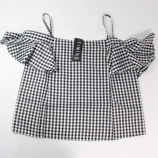 Timing Clothing, Shoes & Accessories:Women:Women's Clothing:Tops Timing Black & White Plaid Off-Shoulders Ladies Cropped Tank Top Size Med. ~ NWT