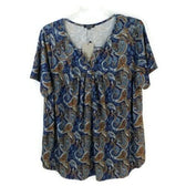 A. Jesdani Clothing, Shoes & Accessories:Women:Women's Clothing:Tops A. Jesdani Blue Brown Paisley Print Short Sleeve Henley Style Knit Top Womens 2X