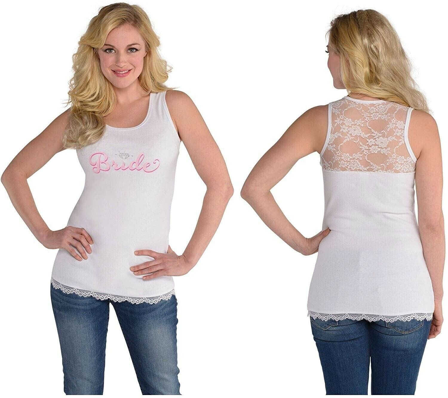 Amscan Clothing, Shoes & Accessories:Women:Women's Clothing:Tops Bride to Be Tank Top Adult L/XL White with Rhinestone Diamond Lace Back Pink New