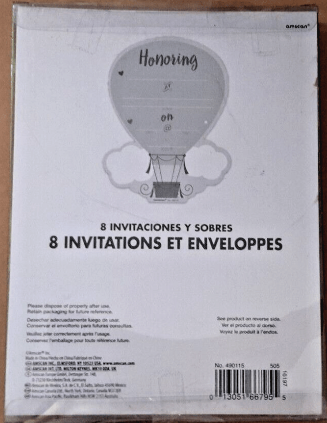 Amscan Home & Garden:Greeting Cards & Party Supply:Greeting Cards & Invitations Amscan Baby Shower ~ Hot Air Balloon ~ 8 Invitations & Envelopes ~ Unisex