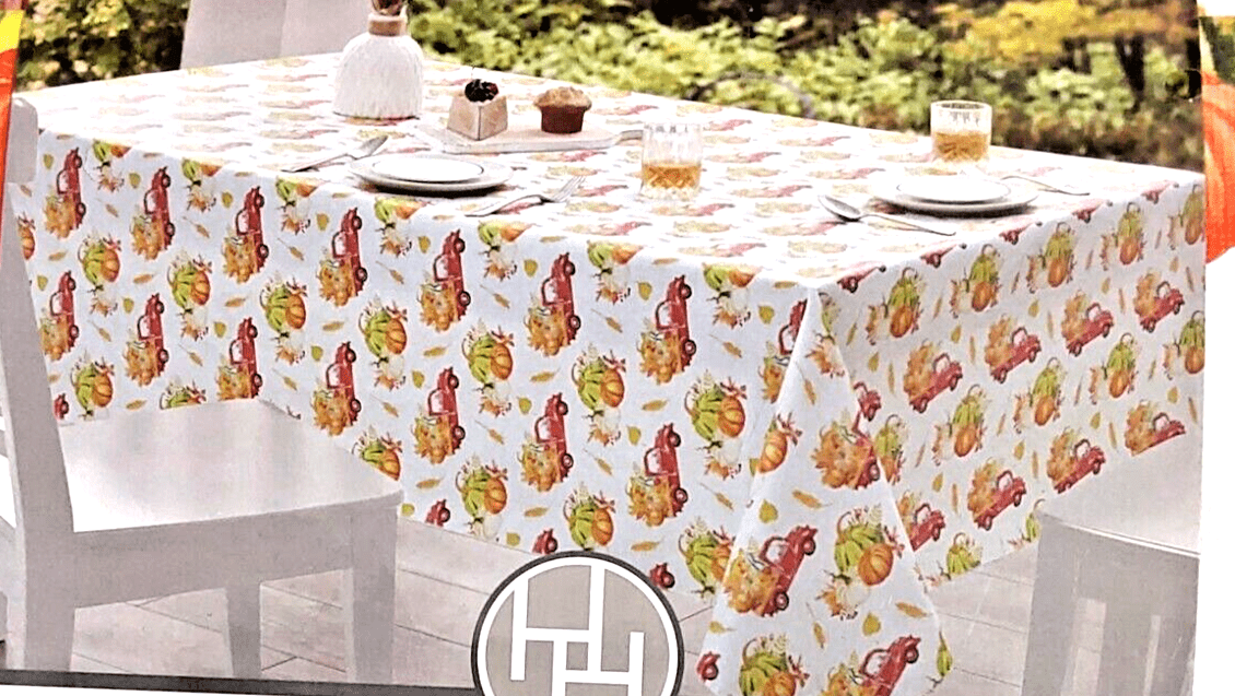 Huntington Home Home & Garden:Kitchen, Dining & Bar:Linens & Textiles:Tablecloths Huntington Vinyl Fall Red Truck Tablecloth Oblong, Pumpkin, Wheat ~ 60" X 84"