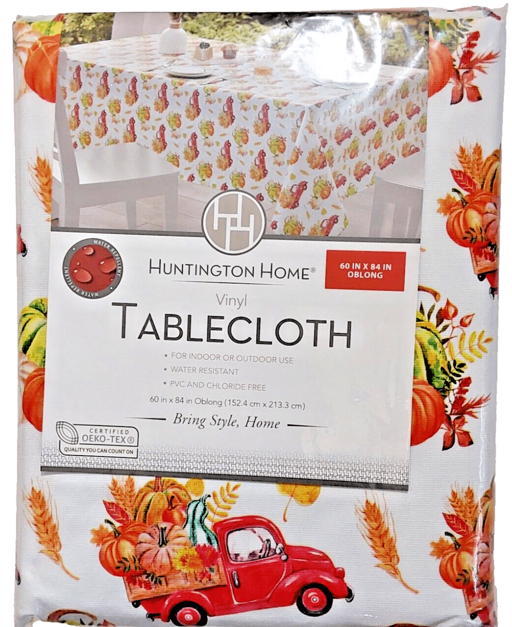 Huntington Home Home & Garden:Kitchen, Dining & Bar:Linens & Textiles:Tablecloths Huntington Vinyl Fall Red Truck Tablecloth Oblong, Pumpkin, Wheat ~ 60" X 84"