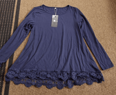 JWD Clothing, Shoes & Accessories:Women:Women's Clothing:Tops NWT JWD Tunic Top Long Sleeve Lace Trim O-Neck A Line Tunic Blouse Navy, Size L