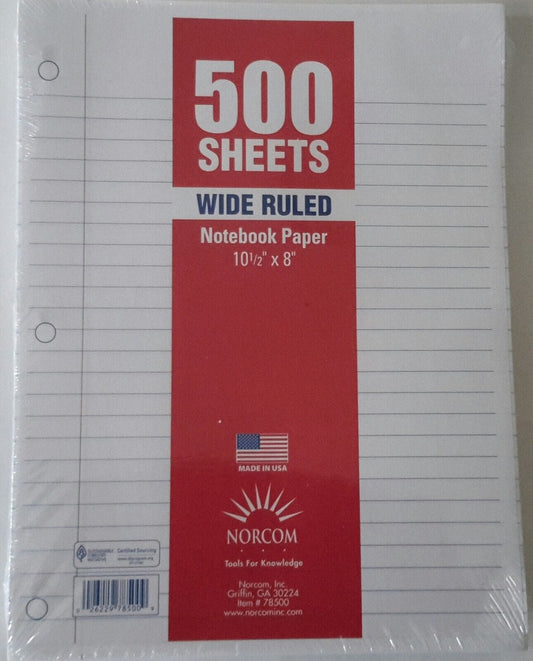 Norcom Business & Industrial:Office:Office Supplies:Paper Products:Other Office Paper Products Norcom Wide Ruled Notebook Paper 500 Sheets ~ 10.5" x 8" Sealed in Original Wrap