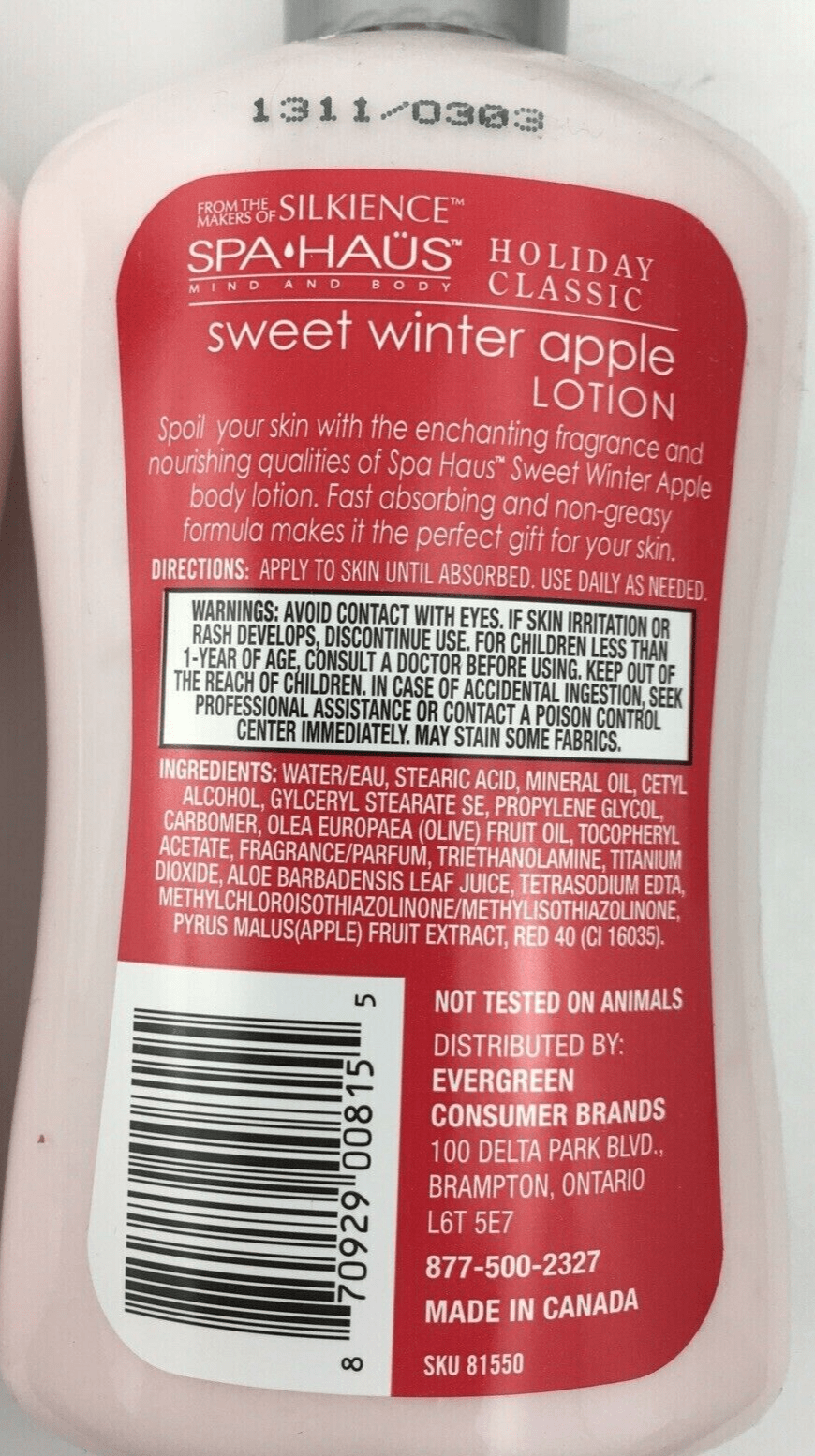 Spa Haus Mind and Body Health & Beauty:Other Health & Beauty 2 X Spa Haus Mind Body Silkience Sweet Winter Apple Scented Lotion ~ 10 fl oz Ea